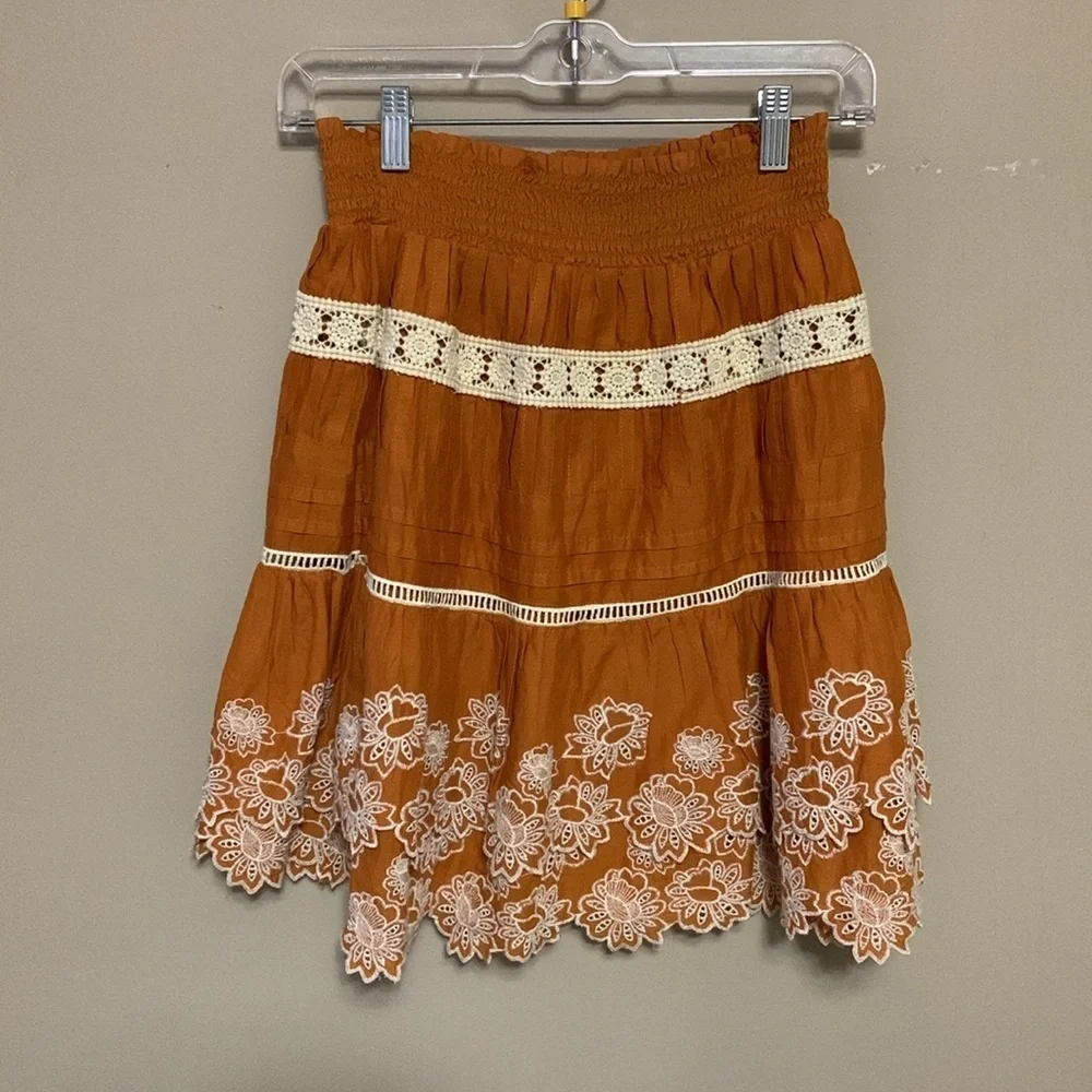 Anthropologie Women’s Embroidered Lace Tiered Mini Skirt X-Small Boho Western